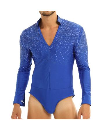 YiZYiF Men's Sequins V Neck Dance Shirts Unitard Ballroom Modern Latin Long Sleeve Dancewear Zip Front Blue Medium