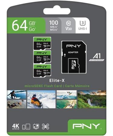 PNY 64GB Elite-X Class 10 U3 V30 microSDXC Flash Memory Card 3 Pack - 100MB/s Speed, A1 Rated, 4K UHD, Full HD, UHS-I, 64GB Capacity - Buy Online on GoSupps.com