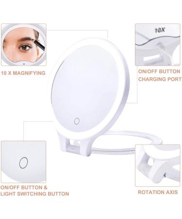 Foldable Double Sided Tabletop Mirror - Rechargeable Lighted Magnifying 10X and 1X Mirror with 3 Colors Light - Adjustable Foldable Handle for Makeup/Travel - 07x08inches - Buy Online on GoSupps.com