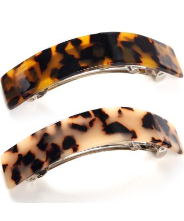 French Style Curved Rectangle Volume Barrette Tortoise Shell Hair Clips Barrettes Automatic Clasp For Thick Hair ,2 Pack Tokyo,Ivory Tokyo