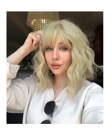 MOOICHIC 14 Inch Blonde Bob Wig with Bangs | Short Wavy Synthetic Wig for Women - Buy Online on GoSupps.com