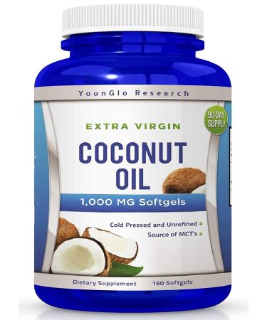 YounGlo Research Coconut Oil 1000 mg 100% Cold-Pressed Organic Extra Virgin Coconut Oil 180 Vegan Softgel Capsules Keto-Friendly Dietary Supplement Support for Hair Nails & Skin Health