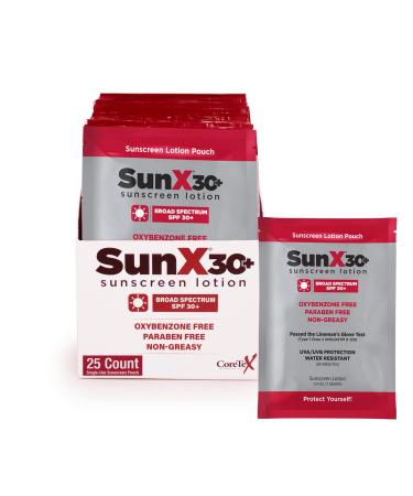Sun X 30+ SPF Individual Sunscreen Packets Travel Size - Pack of 25 Paraben Oxybenzone & White Cast Free Broad Spectrum SPF Sunscreen Packets - Water & Sweat Resistant for Up to 80 Minutes 25 Count (Pack of 1)
