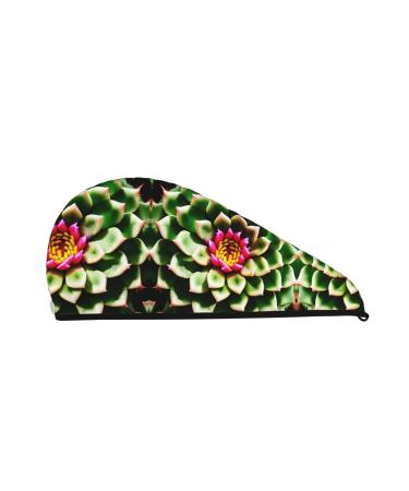 Blooming Cactus Flower Coral Velvet Dry Hair Cap Caps with Buttons for Drying Curly Long & Thick Hair Anti Frizz Black