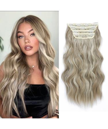 Clip in Long Wavy Hair Extension 4pcs Ash Blonde Mix Platinum Blonde hair Full Head Synthetic Fiber Hair Pieces for Women ash blonde to platinum blonde
