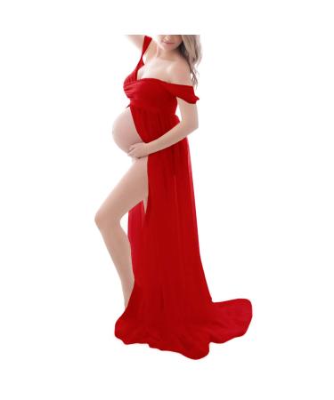 H1ING Maternity Dress for Photography Off Shoulder Chiffon Gown Split Front Maxi Pregnancy Dresses for Photoshoot Maternity Shoot Outfit Red L