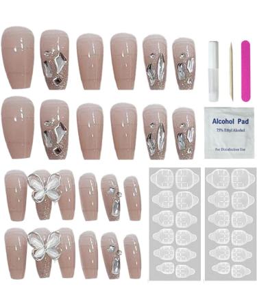 Long Press on Nails French Tip Fake Nails with 3D Butterfly Rhinestones Designs Glossy Full Cover Acrylic Nails for Women 1 Press On Nails - Buy Online on GoSupps.com