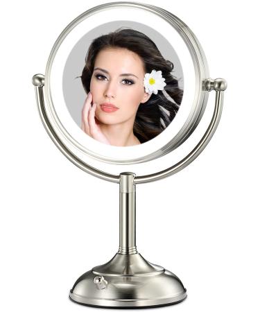 VESAUR 8.5" Large Tall Lighted Makeup Mirror, 1X/10X Magnifying Vanity Mirror with 3 Color Lights, 48 LEDs Adjust Brightness(0-1200Lux), Senior Pearl Nickel Swivel Cosmetic Mirror, Dual Power Supply Silver
