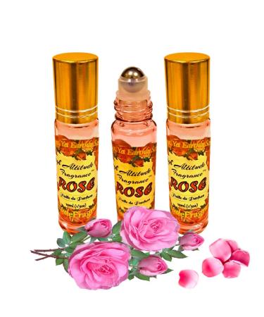 ROSE Perfume Oil - All-Natural Essential Oil Fragrance - Huile de Parfum - Bulgarian Damask Rosa Damascena Petals Otto Tea Rose De Mai - Roll On Roller Ball - Party Travel Guest Favors Gifts - 10mlx3 aroma of mixed freshly cut roses with soft floral sligh