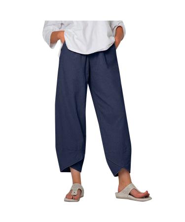 Linen Pants for Women Elastic High Waisted Loose Trousers Wide Leg Solid Color Splicing Baggy Casual Lounge Pants X34-dark Blue Small