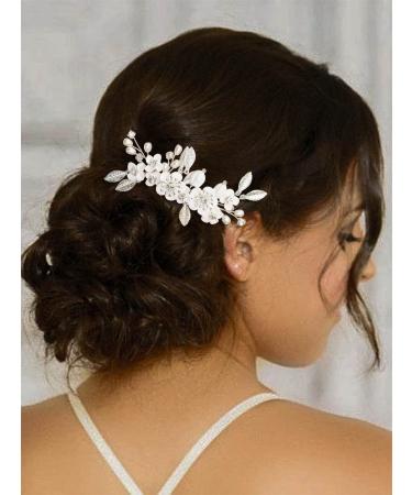 Silver Leaf Flower Bride Wedding Hair Comb with Pearl Accents - Bridal Hair Piece for Women and Girls - Buy Online on GoSupps.com