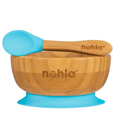 nohla - Bamboo Baby Weaning Suction Bowl and Spoon Set - Blue - 350ml Capacity - 100% Natural & Organic BPA-Free Silicone - Toddler Mealtime Essentials Blue Bowl