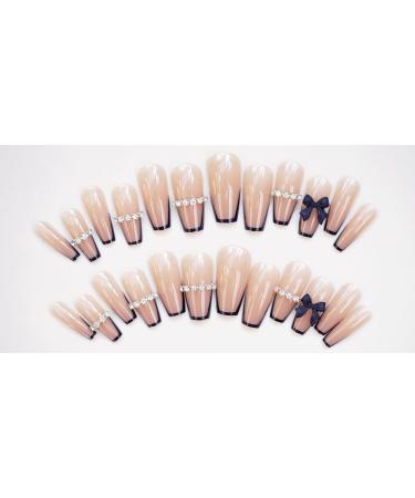 French Tip Press on Nails - Short T Press On Nails with Nail Tips Sparkling Diamond Black Butterfly Coral color Design press on nails Acrylic False Nails Cute Artificial Nails - Buy Online on GoSupps.com