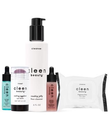 Cleen Beauty Everyday Essentials Skin Care Set | Blue Light Defense Serum + Cooling Eggplant Eye Balm + Rosehip Jelly Face Cleanser + Fragrance Free Face Wipes + Bakuchiol Antioxidant Renewing Serum