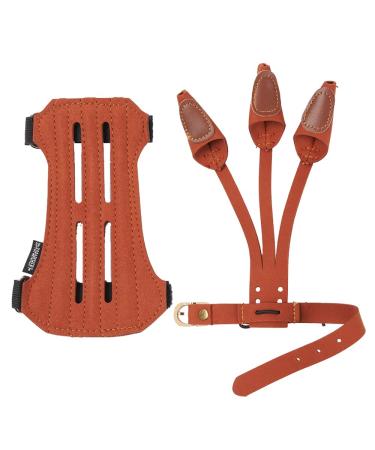 TOPARCHERY Leather 2 Straps Arm Guard & 3 Finger Protective Gloves for Recurve Compound Long Bow Hunting Shooting Brown