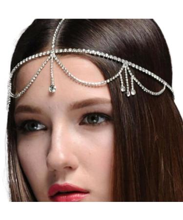 Fdesigner Crystal Head Chain Silver Bride Rhinestone Tassel Hair Chain Wedding Pendant Headpieces Jewelry Pageant Costume Hair Accessories for Women and Girls