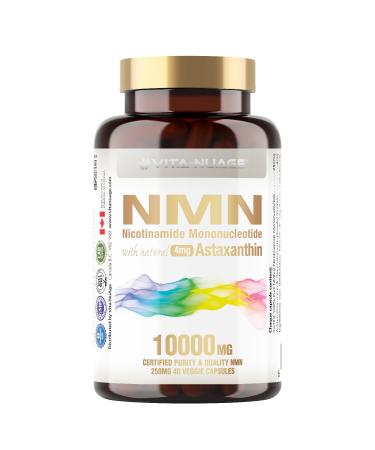 Vita-NuAge - NMN10000 Enhanced with Astaxanthin 100% Purity NMN 250mg per Capsule for a Powerful Ultra Fine NAD+ Boost. Elevate Cellular Energy Fortify Immunity and Embrace Healthy Aging (40 Count) 40 count (Pack of 1)