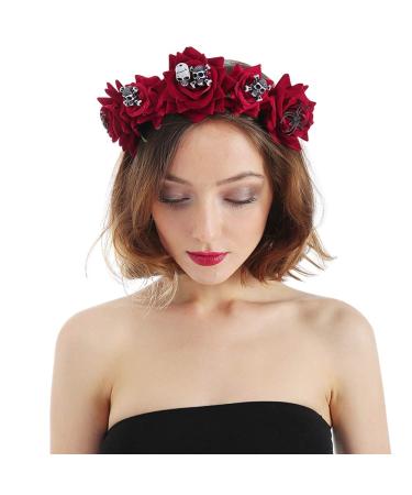 Halloween Rose Flower Headband Red Rose Flower Crown Festival Headband Hair Garland Rose Headpiece Reality Rose Floral Crown Garland Halo Flower Headpiece Rose Hair Wreath with Skull and Spider Prop