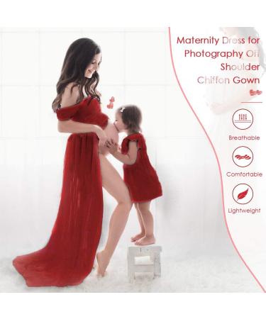 FEOYA Maxi Maternity Dress Chiffon Lace Strapless Gown | Red | Split Front | Photography | Full Length - Buy Online on GoSupps.com