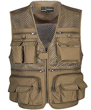 Flygo Men's Summer Mesh Fishing Vest Outdoor Photography Journalist Travel Vest with Pockets XX-Large 02 Khaki