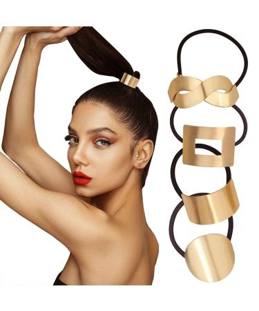 4Pieces Ponytail Hair Cuff Metal Circle Horsetail Retainer Elastic Hair Rope Hair Ties Accessories for Women Girls 4 Style (Gold)