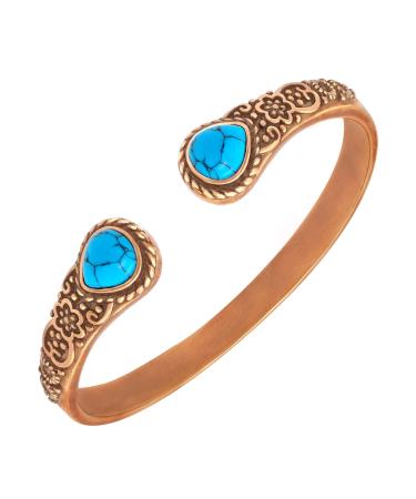 Jeroot women's copper bracelet pure copper magnetic bracelet with 6 powerful magnets vintage flower copper bracelet with 2 turquoise 1