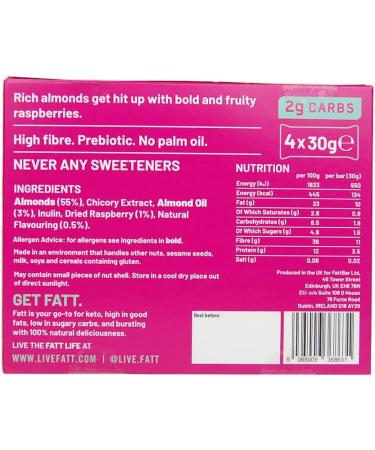 Fatt Keto Nut Bars - Raspberry & Almond 4 Pack | Low-Carb Gluten Free Clean Keto Snack Bars | High-Fibre Super Fats | Vegan & Sweetener-Free - Buy Online on GoSupps.com