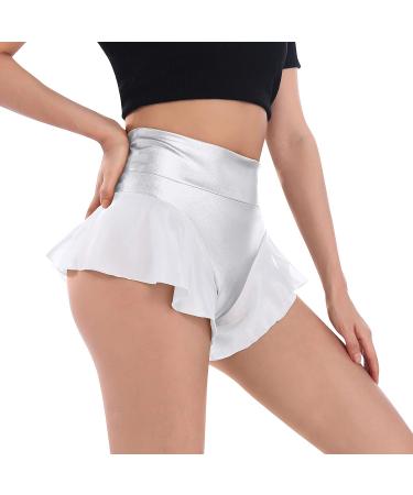 Women's Shiny Ruffle Dance Booty Shorts - High Waist Metallic Mini Hot Pants for Stage, Pole Dance, Yoga - Large Silver - Buy Online on GoSupps.com