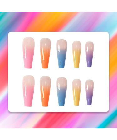 24pcs Rainbow Press On Nails Long Ballerina False Nails Full Cover Coffin Fake Nails Stick On Nails Neon Tip French Manicure Artificial Nails Acrylic Nails Stick On Nail False Tips for - Buy Online on GoSupps.com