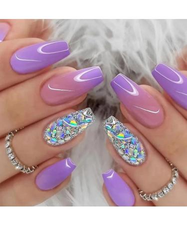 Press on Nails Medium Coffin Fake Nails with Sequins Designs Purple Square Full Cover Stick on Nails Glossy False Nails with Glue on Nails for Women 24pcs M2-9 Sequins Designs