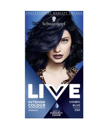 Schwarzkopf LIVE Intense Colour Long Lasting Permanent Black Blue Hair Dye With Built-In Vibrancy Serum Up To 100 Percent Grey Coverage Cosmic Blue 090 1 Count Cosmic Blue 1 count (Pack of 1) - Buy Online on GoSupps.com