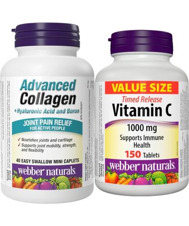 Webber Naturals Advanced Collagen with Hyaluronic Acid and Boron 40 Mini Caplets & Vitamin C Timed Release 1000 mg 150 Tablets For Bones Teeth Immune and Antioxidant Health