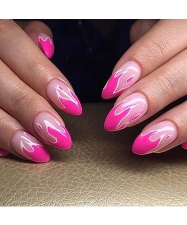 Fairvir Fashion Glossy Fake Nails Pink Flame Full Cover Aryclic Oval False Nails Party Night Club Clip Press on Nail for Women and Girls - Buy Online on GoSupps.com