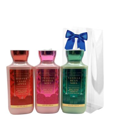Bath & Body Works Body Lotion - Winter Candy Apple Twisted Peppermint Vanilla Bean Noel - Gift Set with a Blue Bow for Holiday & Gifts - Full size (2023 Edition)