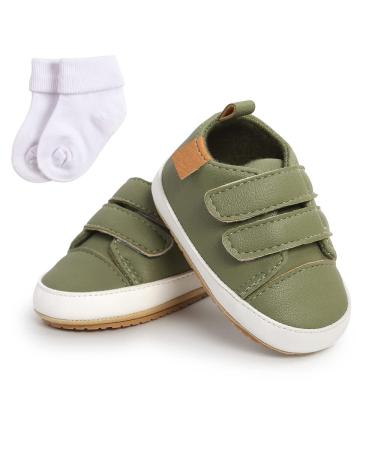 Baby Girls Boys Sneakers Toddler Shoes PU Leather First Walking Shoes Anti-Slip Infant Newborn Prewalker Sneakers for 0-18 Months with Sock 6-12 Months Green