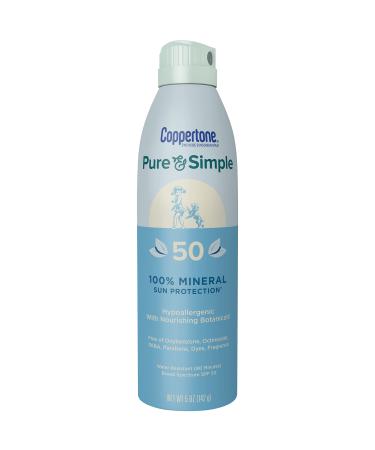 Coppertone Pure and Simple Zinc Oxide Mineral Sunscreen Spray SPF 50, Water Resistant, Broad Spectrum SPF 50 Sunscreen for Sensitive Skin, 5 Oz Spray 5 Ounce (Pack of 1)