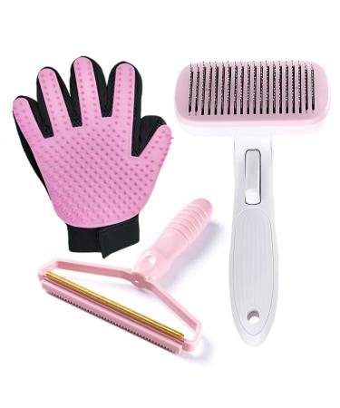 Coopupet Pet Hair Brush Set, Self Cleaning Slicker Brush+Grooming Glove+Lint Remover 3 In 1 for Dog & Cat Grooming Kit for Long & Short Haired Pets, Reduces Shedding, Efficient Pet Hair Remover Mitt, Bathing Glove (Pink)