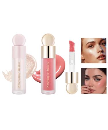Liquid Highlighter Liquid Blush with Face Brush Long Lasting Smooth Lightweight Smudge Proof Blush+ Highlighter 2#+4#
