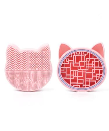 2 in 1 Makeup Brush Cleaning Mat with Brush Drying Holder Silicon Cat Shaped Brush Cleaner Pad include makeup Brush Organizer Rack Portable Washing Tool for Makeup (Pink)