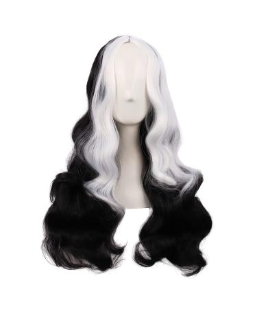 Mapofbeauty 26 inch/65 cm middle part length body wave half black half white synthetic fiber cosplay hair fibers wig (black and white)