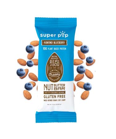 Super Pop Snacks, Clean Plant Based Protein Bars, All-Natural Almond Butter Bars with Organic Whole Foods, Meal Replacement, Delicious, Gluten Free, Low Carb, Dairy Free, 10g Protein, Almond Blueberry (12 Pack) Almond Blue