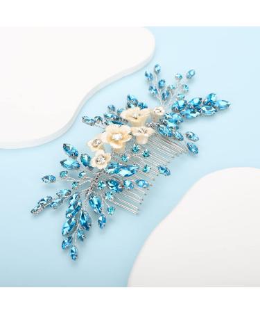 Bridal White Flower Blue Crystal Rhinestone Hair Comb for Bride - Wedding Hair Accessories - Buy Online on GoSupps.com