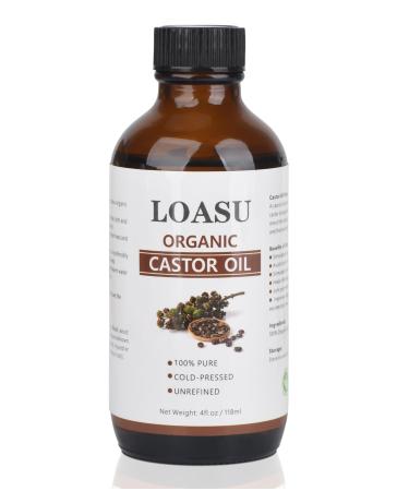 100% Pure Castor Oil Organic Cold Pressed Hexane Free Glass Bottle(4fl.oz/118ml) Hair Oil and Body Oil for Liver Detox Face Skin Eyelashes