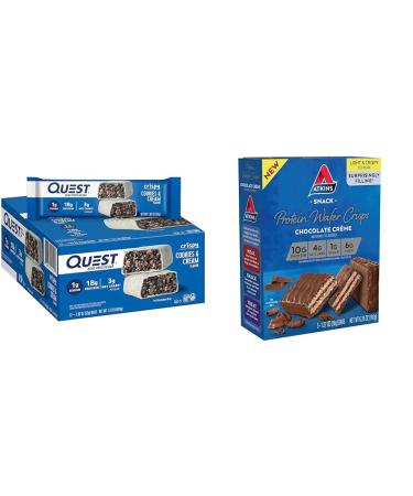 Quest Cookies & Cream Hero Protein Bar 18g Protein 12 Count and Atkins Chocolate Cr me Protein Wafer Crisps 5g Net Carb 5 Count