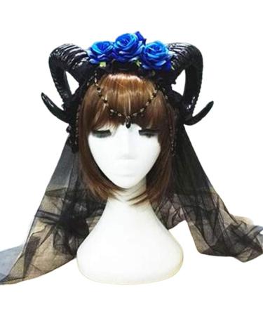 amangul Halloween Gothic Mesh Veil Headband Sheep Horn Rose Flower Chain Crown Hair Hoop(Blue) - Buy Online on GoSupps.com