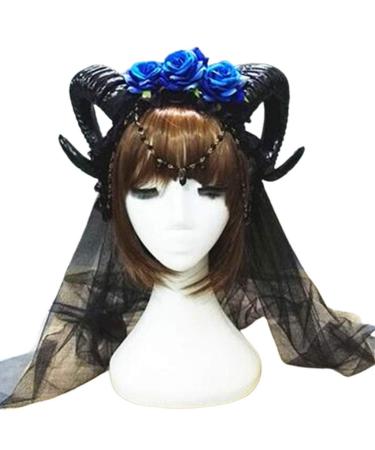 amangul Halloween Gothic Mesh Veil Headband Sheep Horn Rose Flower Chain Crown Hair Hoop(Blue)