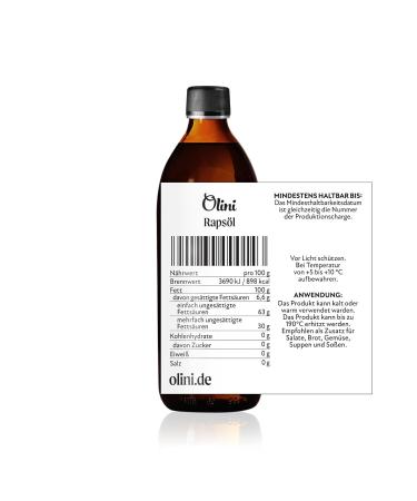 Olini Cold-Pressed Rapeseed Oil 500ml - Fresh Unprocessed Vegan & Gluten-Free - Rich in Unsaturated Fatty Acids & Vitamin E - Direct from Manufacturer - Buy Online on GoSupps.com