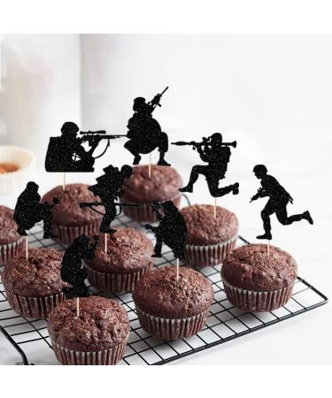 Military Themed Soldier Cake Toppers - 12 Pieces Paper Cups Black Glitter Soldier's Day Veterans Men's Birthday Navy Army Special Forces Decorations - Buy Online on GoSupps.com
