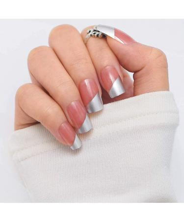 Sethexy shiny medium nude pink false nails square french false fingernails 24st acrylic art nail tips for women and girls