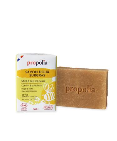 PROPOLIA - Bio - Savon Doux Surgras Visage & Corps - Miel & Lait d nesse - Nourrissant & Apaisant - 100% Naturel - Peaux sensibles - Fabriqu en France - Pain de 100 g Beige 100 g (Lot de 1)